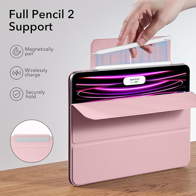 ESR for iPad Pro 12.9 6th/5th/4th Gen, iPad Air 13 Inch Case M3/M2 (2025/2024), Powerful Magnetic Attachment, Slim Trifold Stand Case, Supports Pencil Pro & Pencil (USB-C), Rebound Series, Pink