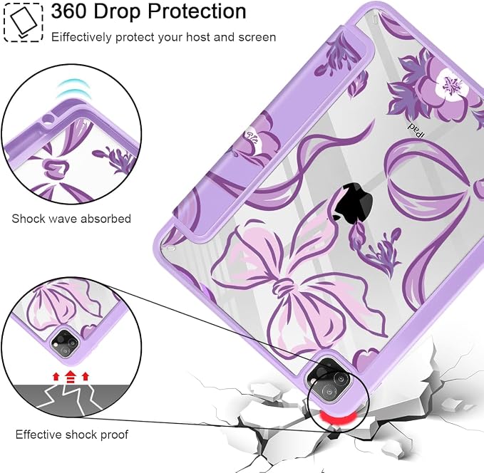 Mektron Case for iPad Pro 11 inch Case M2 2022 Generation 4th Fit 2021 2020 2018 iPad Pro 11 (3rd 2nd &amp 1st Gen) -Buit in Pencil Holder with Shockproof Cover Clear Shell Blue Bows &amp Flower