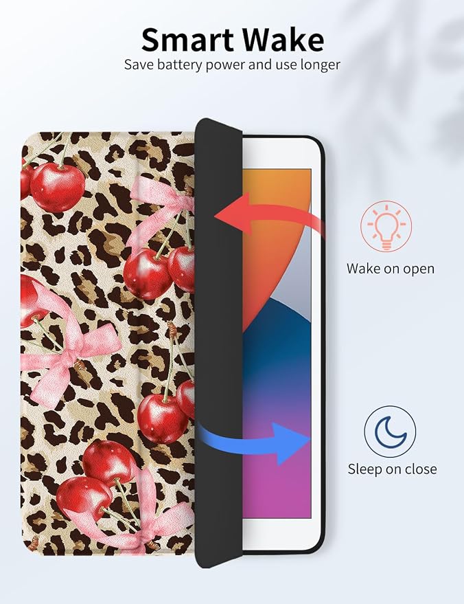 Case for iPad 9th/ 8th/ 7th Generation Case 10.2&amp10.5 Inch (2021/2020/2019 Release) Slim Lightweight Soft Trifold Back Cover with Pencil Holder &amp Auto Sleep/Wake Cover Cherries Cheetah Bows