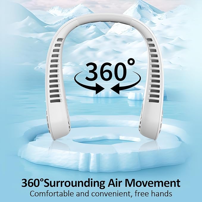 BIRDDIE Portable Bladeless Hanging Neck Fans with Screen Display and 5 Speeds Levels, USB Rechargeable, 360° Cooling Wearable Personal Fan for Work Travel Sport Outdoor (White)
