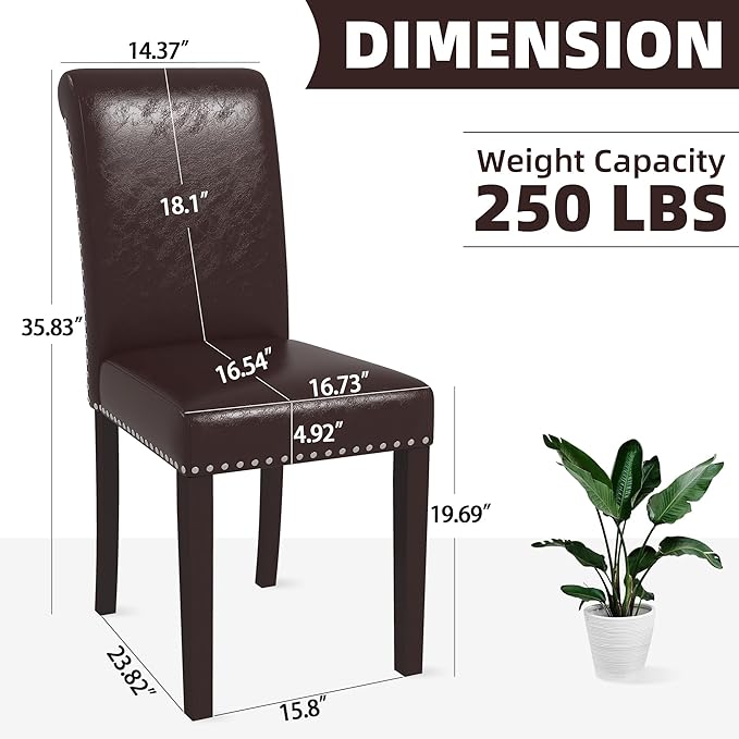 Westice Dining Room Chairs Set of 6 Upholstered PU Leather Kitchen Chairs Dining Room Side Chair with Nailhead Trim and Rubber Wood Legs for Small Space Apartment, Brown