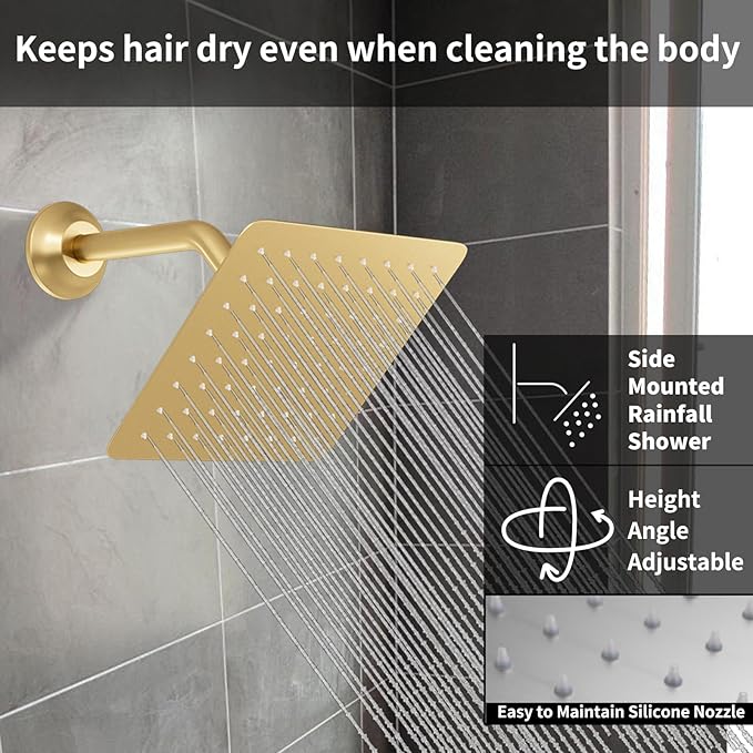 KATAIS Shower Faucet Set Brushed Gold Shower System, Temperature Display Shower Faucet with 12 inch Ceiling Mount and 8 inch Wall Mount Shower Head, with 6 PCS Body Jet and Handheld Spray