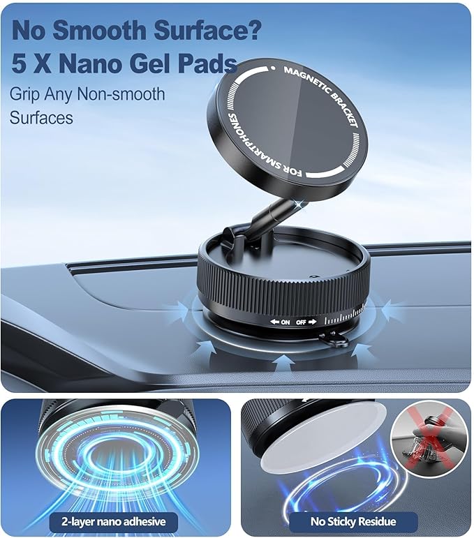 Vacuum Magnetic Phone Holder, Suction Cup Phone Mount for Car [80 LBS Strongest Suction & 2400gf Strongest Magnetic] 3s Fast Install, 360 Rotatable Phone Stand for iPhone Android Mirror & Gym