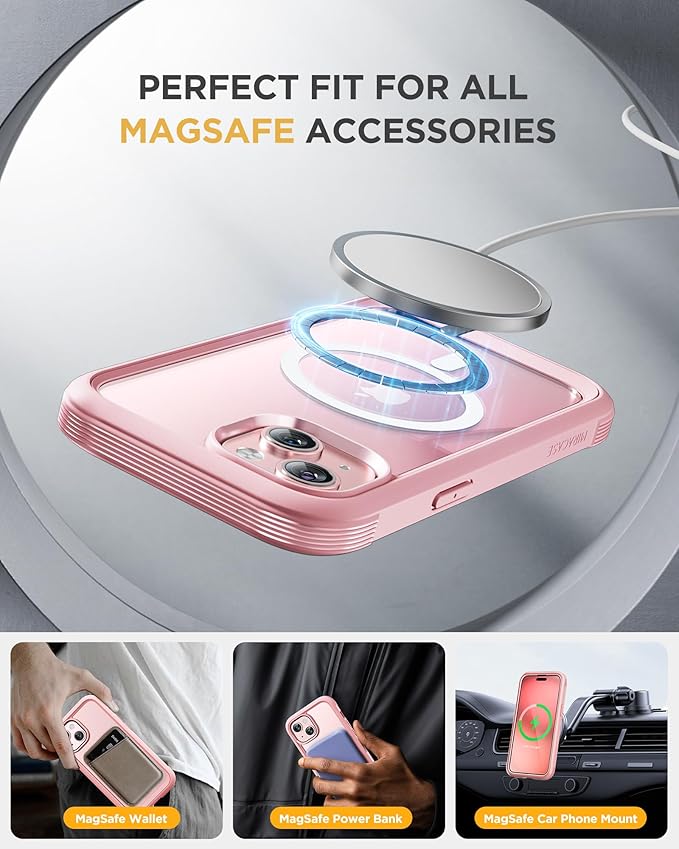 Miracase Glass Series for iPhone 15 Case [Compatible with MagSafe] Full-Body Magnetic Case with Built-in 9H Tempered Glass Anti-Fingerprint Screen Protector + Camera Lens Protector, Baby Pink