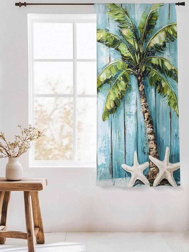 Sheer Curtains 72 Inches Long, Coastal Beach Starfish Semi Sheer Curtains Light