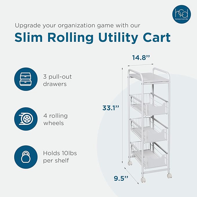 Honey-Can-Do 4-Tier Slim Rolling Metal Utility Cart with Drawers, White