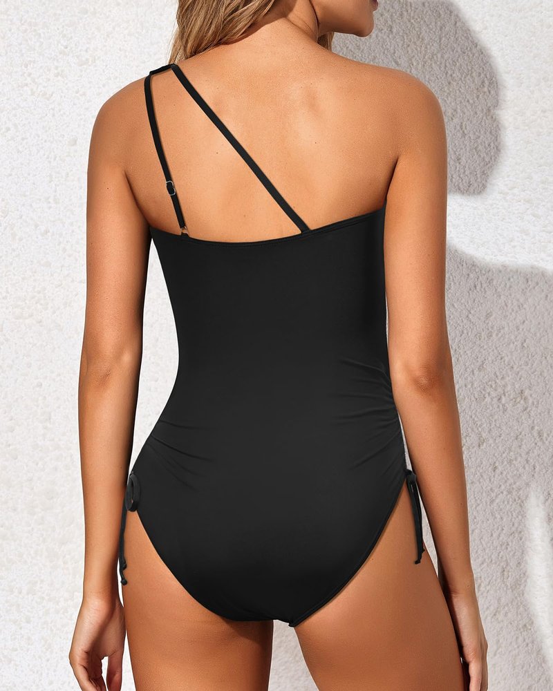 Holipick One Shoulder One Piece Swimsuit for Women Tummy Control Drawstring Bathing Suits Modest Full Coverage Keyhole Swimwear