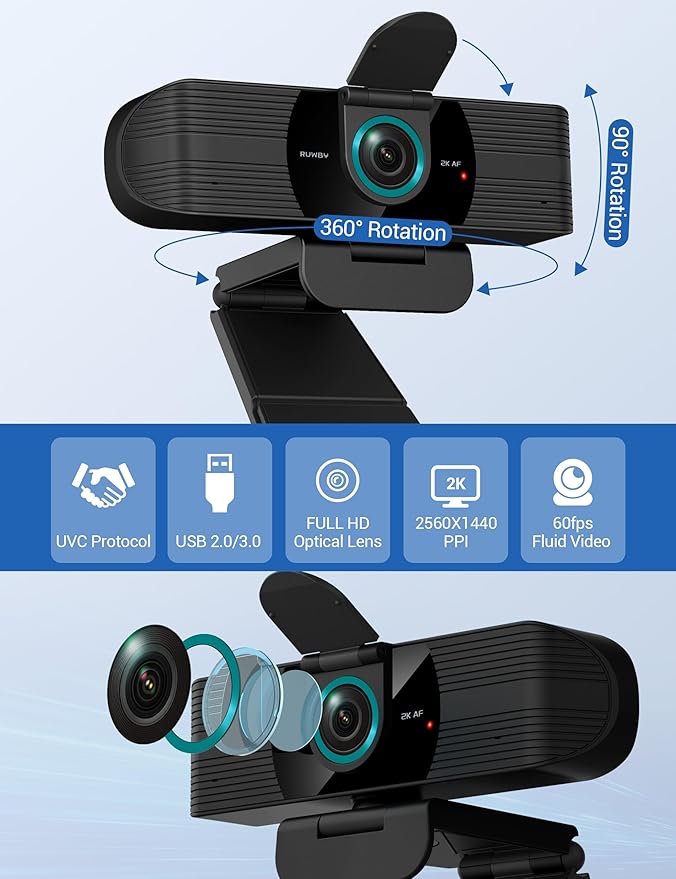 RUWBY QHD 2K Webcam with Built-in Dual Mics, Wide-Angle Lens, Privacy Cover, Tripod Stand, Autofocus Computer Camera, Plug and Play for Desktop PC or Laptop