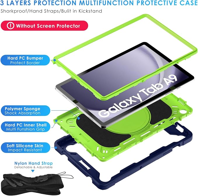 DETUOSI Galaxy Tab A9 Plus Case - Shockproof with 360 Stand &amp Strap Heavy Duty for SM-X210/X216/X218 Black