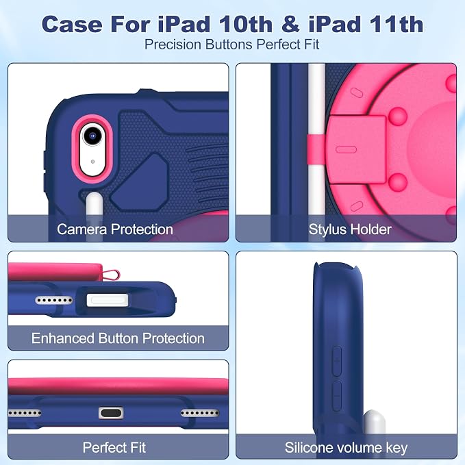 for iPad (A16) 11th Generation Case 11 Inch 2025 iPad 10th Generation case 10.9 Inch 2022 Shockproof Case with Screen Protector 360° Rotating Stand Shoulder Strap Pencil Holder Navy+Pink