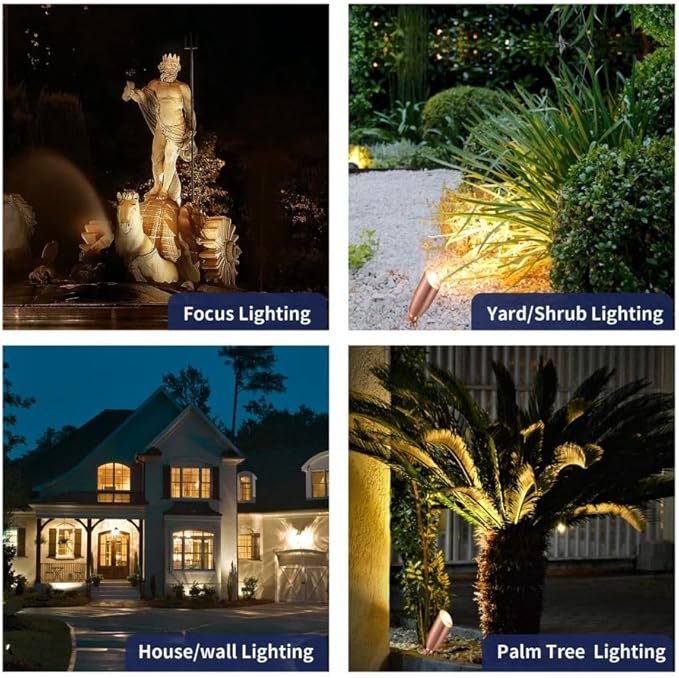 Die-Cast Brass Spot Light Outdoor - 12V LED Uplighting Waterproof, Low Voltage Landscape Lights Direct Wire, Copper for Fence Fountain with Warm White MR16 Replaceable Bulbs (12 Pack)