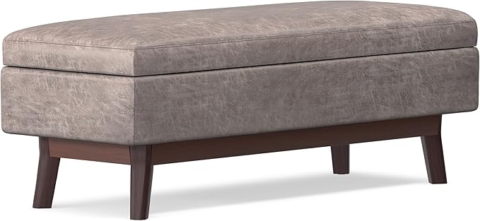 SIMPLIHOME Owen Rectangular Storage Ottoman - 48 inch Wide Upholstered Vegan Leather Lift-Top Ottoman in Distressed Grey Taupe, Mid-Century Modern Ottoman for Living Room with Tufted Detail