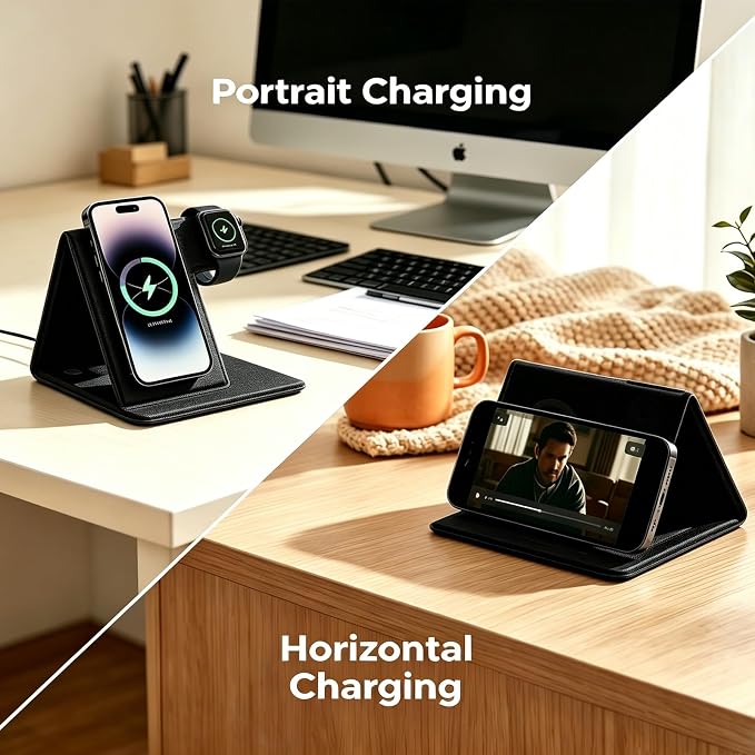 3 in 1 Wireless Charging Station Foldable Wireless Charger Stand for iPhone 15/14/13/12 Apple Watch Series 9/8/7/6/5/4/3/SE AirPods Pro 2/3 Fabric Portable Travel Charger Dock (Black)