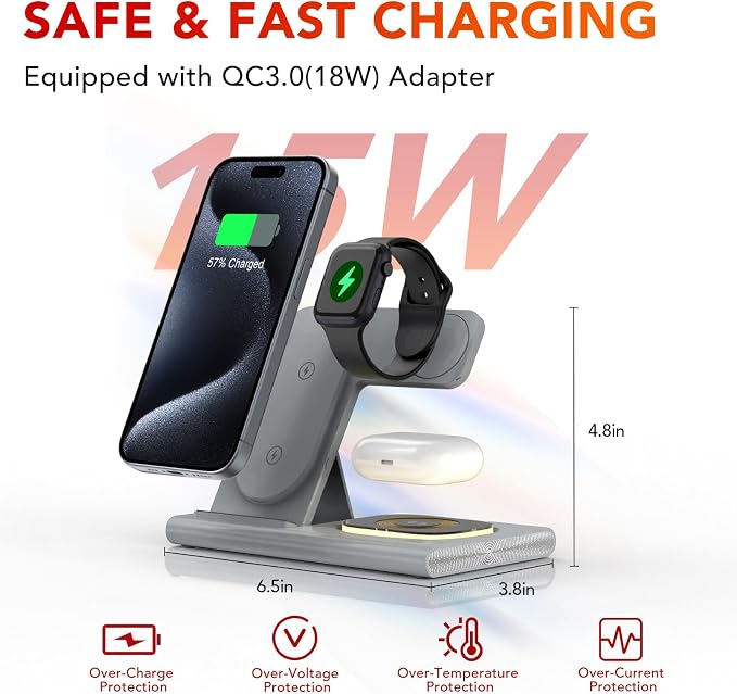 3 in 1 Foldable Wireless Fast Charging Station for Apple Multiple Devices | iPhone Charging Station for iPhone 17 Travel iWatch Charger Stand Light Nightstand Charging Dock for Apple Watch/Airpods