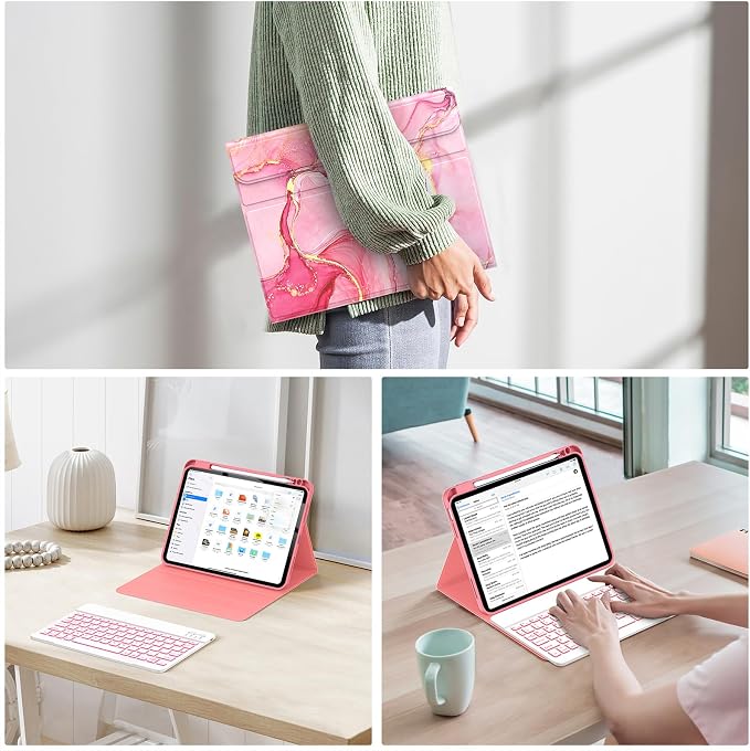 Soke for iPad (A16) 11th/10th Gen Case with Keyboard Black Marble | For iPad 11/10.9 inch(2025/2022) 7 Color Backlight Magnetic wireless Detachable Keyboard Case Built-in Pencil Holder