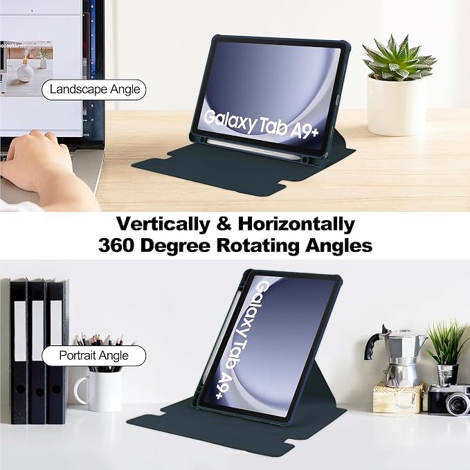 Tablet Case for Samsung Galaxy TAB A9+/A9 Plus with S Pen Holder 360° Swiveling Stand Shockproof Cover with Clear Transparent Back Shell Auto Wake/Sleep (Black Galaxy Tab A9 Plus)