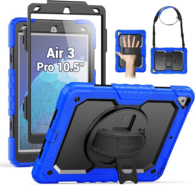 SEYMAC Case for iPad Air 3/ Pro 10.5 inch/Air 3rd Generation 10.5'' Black | Heavy Duty Shockproof Protective Built-in Screen Protector 360° Rotating Stand Hand/Shoulder Strap