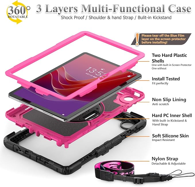 SEYMAC stock Tablet Case for Lenovo Tab M11 (TB-330FU/TB-330XU) 11 inch Drop-Proof Protection Cover with 360° Rotate Stand & Strap [Pen Holder] & Screen Protector/K11/Xiaoxin Pad 2024, Rose+Black