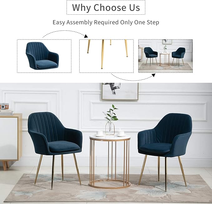 ECOTOUGE Modern Dining Chairs Set of 6, Upholstered Dining Room Chairs with Golden Metal Legs, Matte Velvet Kitchen Chairs for Dining Table, Accent Chairs for Living Room, Blue