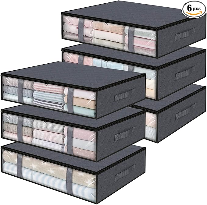 StorageRight Under Bed Storage Bags 6 Pack, 40L Large Clothes & Comforter Storage Containers with Clear Window, Breathable Fabric Organizer for Blankets, Bedding, Seasonal Clothing, Grey