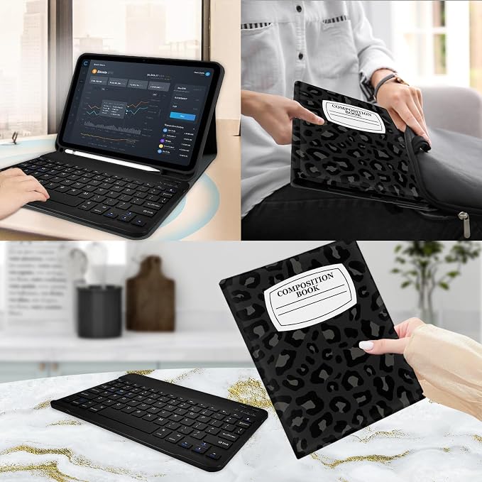 for Bluetooth Keyboard for iPad 10th Gen 10.9 inch (2022) case (A16) 11th / 10th Gen Case 11'' (2025) with 7-Color Backlights Pencil Holder Detachable Rechargeable - Black Cow