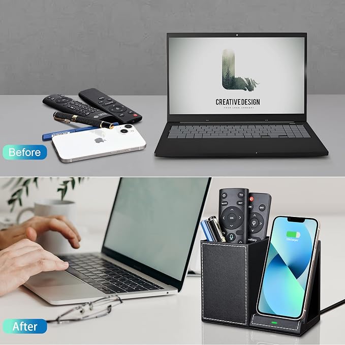 Wireless Charger with Desk Organizer Wireless Charging Station for iPhone 13/13 Pro Max/13 Pro/12 Series/11/XS Max/XR/X/8Plus/SE 2 Wireless Charging Stand with Leather… (Black)