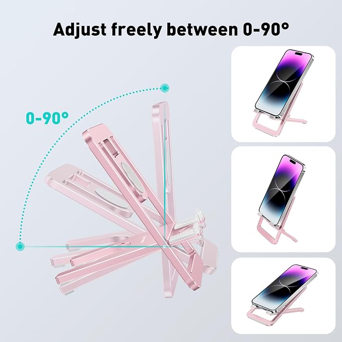 Cell Phone Stand for Desk - Foldable Aluminum Phone Holder Portable Travel Essentials Adjustable Desktop Dock for iPhone 17 16 15 14 Pro Max Android (Pink)