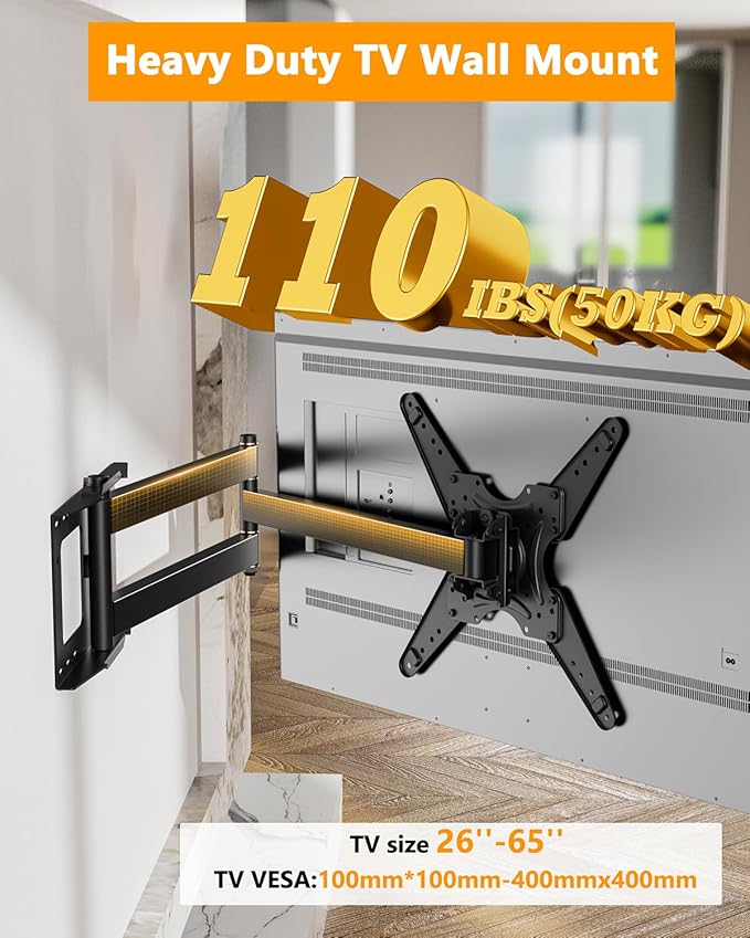 Extra Long Arm TV Wall Mount 48'' Extension, Rotating TV Wall Mount 180° Heavy Duty Full Motion for 26''-65'' Screens, VESA 400x400mm, Load 110 lbs, 16''Wood Stud/Concrete/Brick Wall, WHYFONE