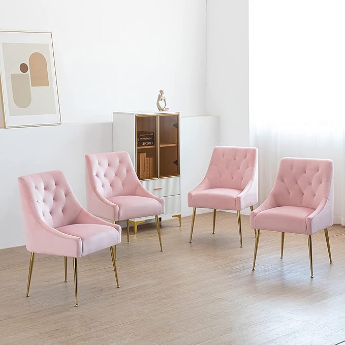 Modern Dining Chairs Set of 4, Mid Century Dining Chairs with 5.12” Cushions and Golden Legs, Velvet Upholstered with Back Pull Rod, for Kitchen, Living Room, Pink