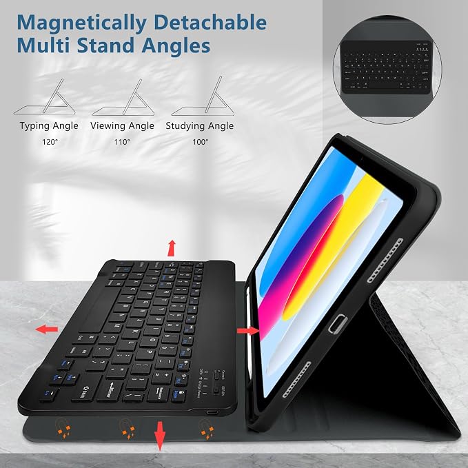 for Bluetooth Keyboard for iPad 10th Gen 10.9 inch (2022) case (A16) 11th / 10th Gen Case 11'' (2025) with 7-Color Backlights Pencil Holder Detachable Rechargeable - Black Cow