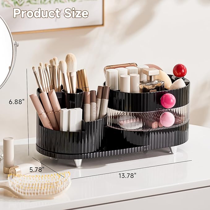 Makeup Organizer Countertop for Vanity with 360° Rotating Brush Holder, 3 Layer Cosmetic and Jewelry Storage, Makeup Display Case for Skincare&Perfume, Black