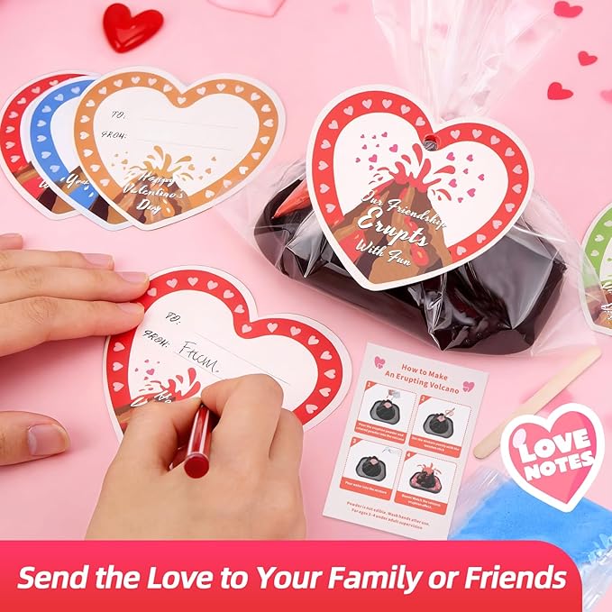 Valentines Day Gifts for Kids Classroom: 24 Pack Erupting Volcano Science Kit with Cards, 4 Lava Colors, STEM Educational Toys for Boys Girls Classroom Exchange Gifts Prizes School Party Favors