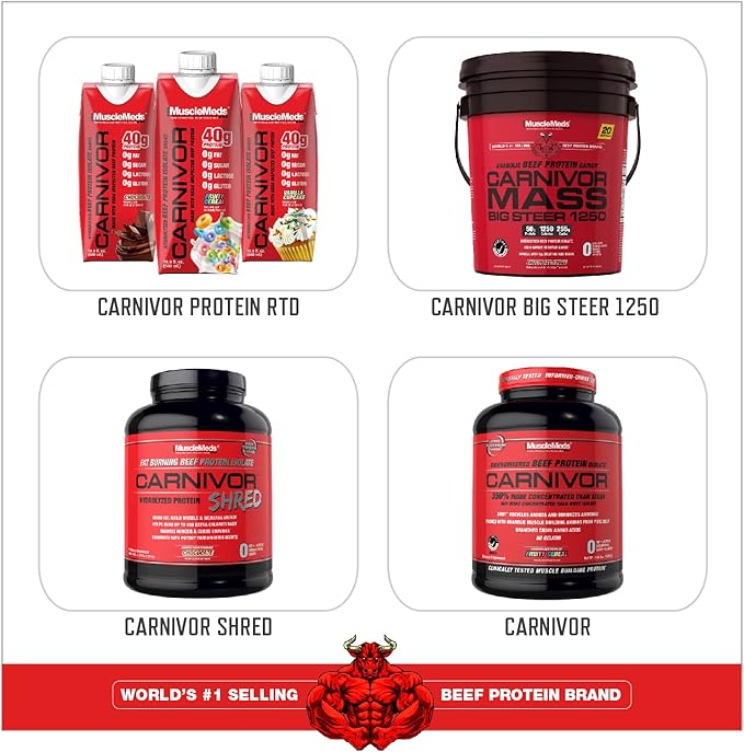 MuscleMeds Carnivor Mass Gainer Beef Protein Isolate Shake, 50 Grams Protein, 125 Grams Carbs, 0 Fat, 0 Sugar, Lactose Free, ChocolateFudge, 6 Pound