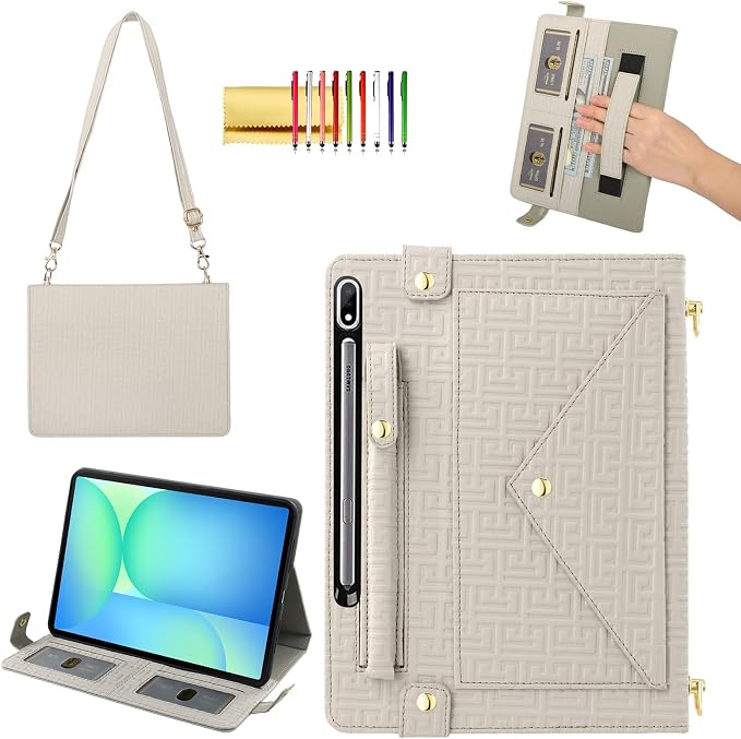 Handbag Case for Samsung Galaxy Tab S10 FE/S9 FE 10.9/S9/S8/S7 11 Techcircle Folio Stand Crossbody Wallet Protective Cover with S Pen Holder &amp Card Slots Hand Strap &amp Shoulder Strap Black