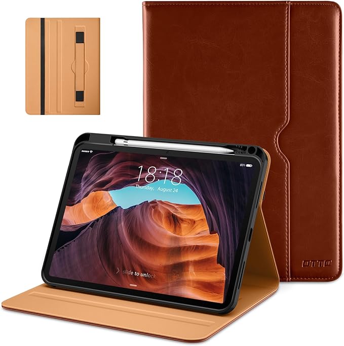 DTTO for iPad (A16) 11th Generation 11-inch &amp 10th Gen Case Brown | Premium Leather Business Cover with Pencil Holder Hand Strap &amp Pocket Corner Protection Auto Sleep/Wake for Work &amp