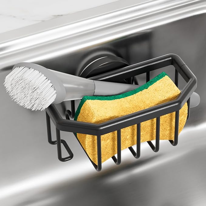 TAILI Sponge Holder for Kitchen Sink with Strong Suction Cup, Rustproof Aluminum Sink Caddy for Sponges, Brushes, Stoppers & Scrapers, Black