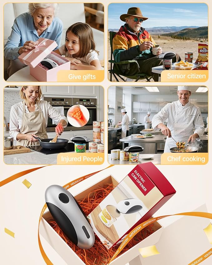 HouseSapp Rechargeable Electric Can Opener - Smooth Edge, One-Touch Automatic Can Opener for Seniors & Arthritis, Hands-Free Can Openers for Kitchen, Type-C Fast Charge, Compact Portable Can Openers