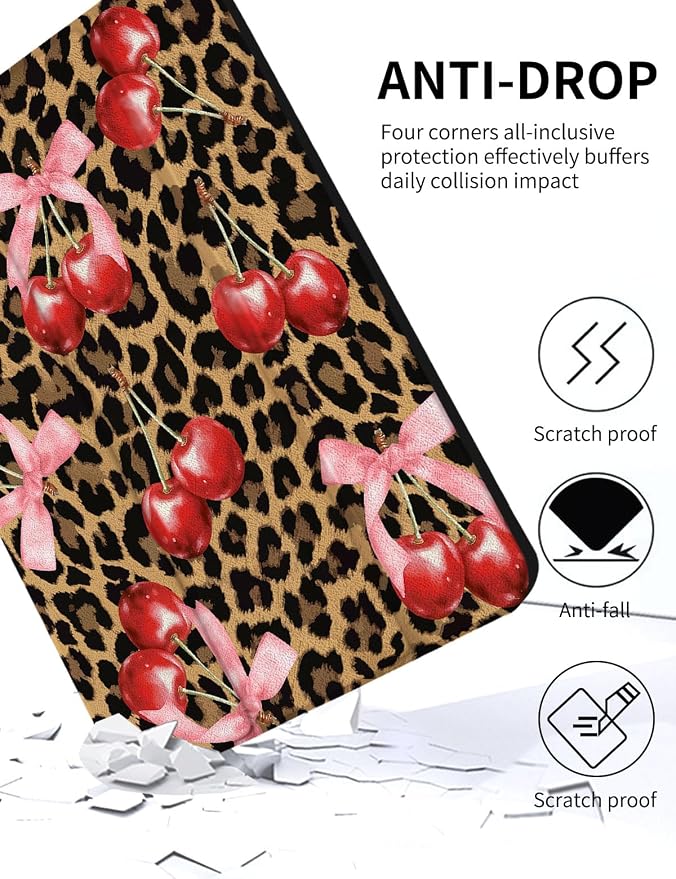 Case for iPad 9th/ 8th/ 7th Generation Case 10.2&amp10.5 Inch (2021/2020/2019 Release) Slim Lightweight Soft Trifold Back Cover with Pencil Holder &amp Auto Sleep/Wake Cover Cherries Cheetah Bows