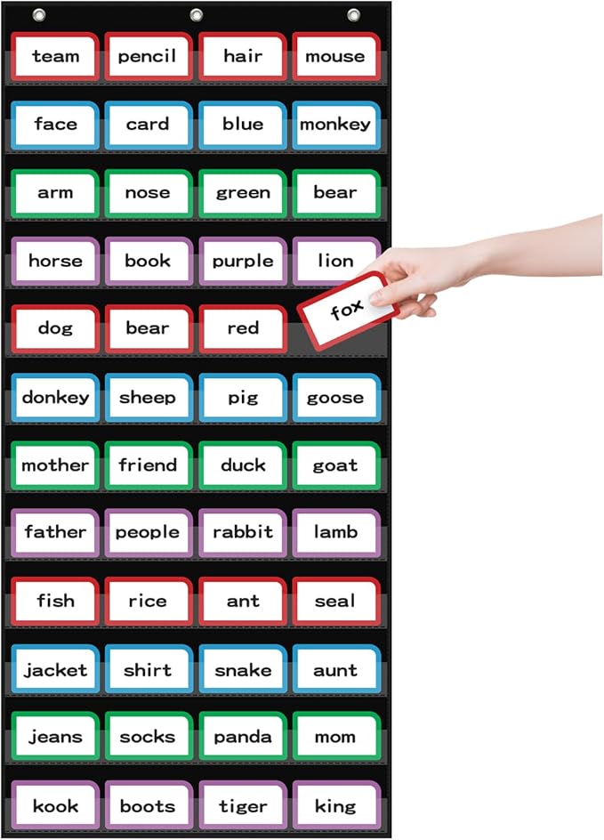 20”W x 48.25”H Classroom Words Pocket Chart with 12 Clear Pockets, Black Standard Pocket Chart for Classroom and Home for Sentence Strips, Reusable Clear Pocket Hanging Words Chart (Black)