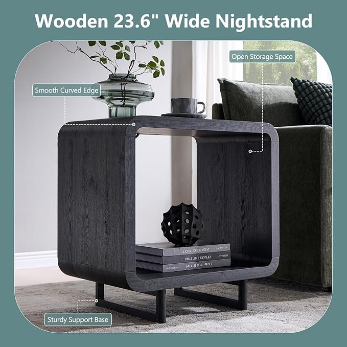 23.6" Modern End Table Set of 2, 2 Tier Side Table with Charging Station, Simple Bedside Table with Open Storage Shelf, Outlet, Wooden Nightstand for Bedroom, Living Room, Study, Dark Grey