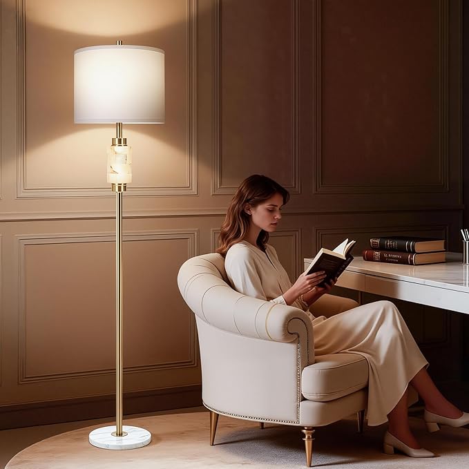 Floor Lamps for Living Room with Night Light, Alabaster Standing Lamp with Linen Shade, Rotary Switch, Marble Tall Lamp, Gold Floor Lamps for Bedroom Living Room Office (Bulb Included)