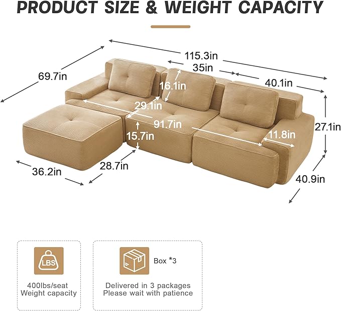 115" Modern Compressed Boneless Couch with Ottoman, 3 Seater Large L Shaped Sectional Couches for Living Room, Camel Corduroy Cloud Modular Sectional Sofa, Memory Foam, Extra Deep, No Assembly