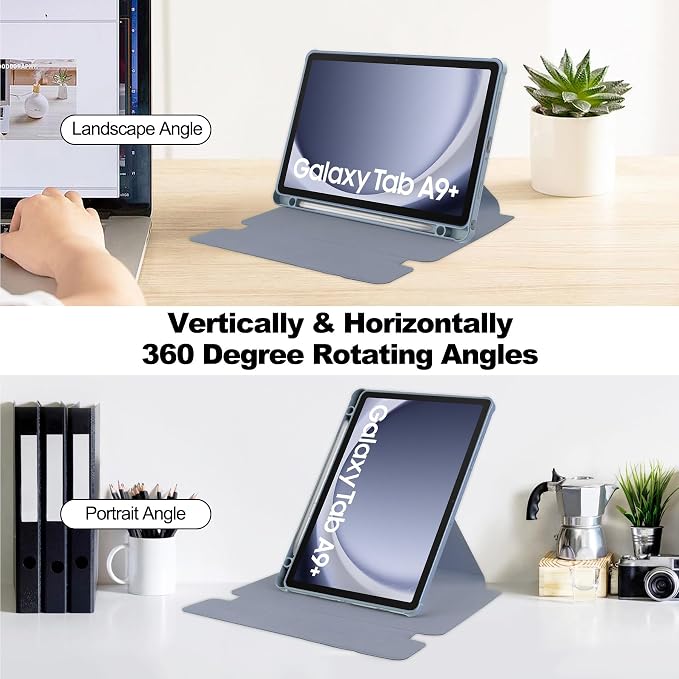 Tablet Case for Samsung Galaxy TAB A9+/A9 Plus with S Pen Holder 360° Swiveling Stand Shockproof Cover with Clear Transparent Back Shell Auto Wake/Sleep (Black Galaxy Tab A9 Plus)