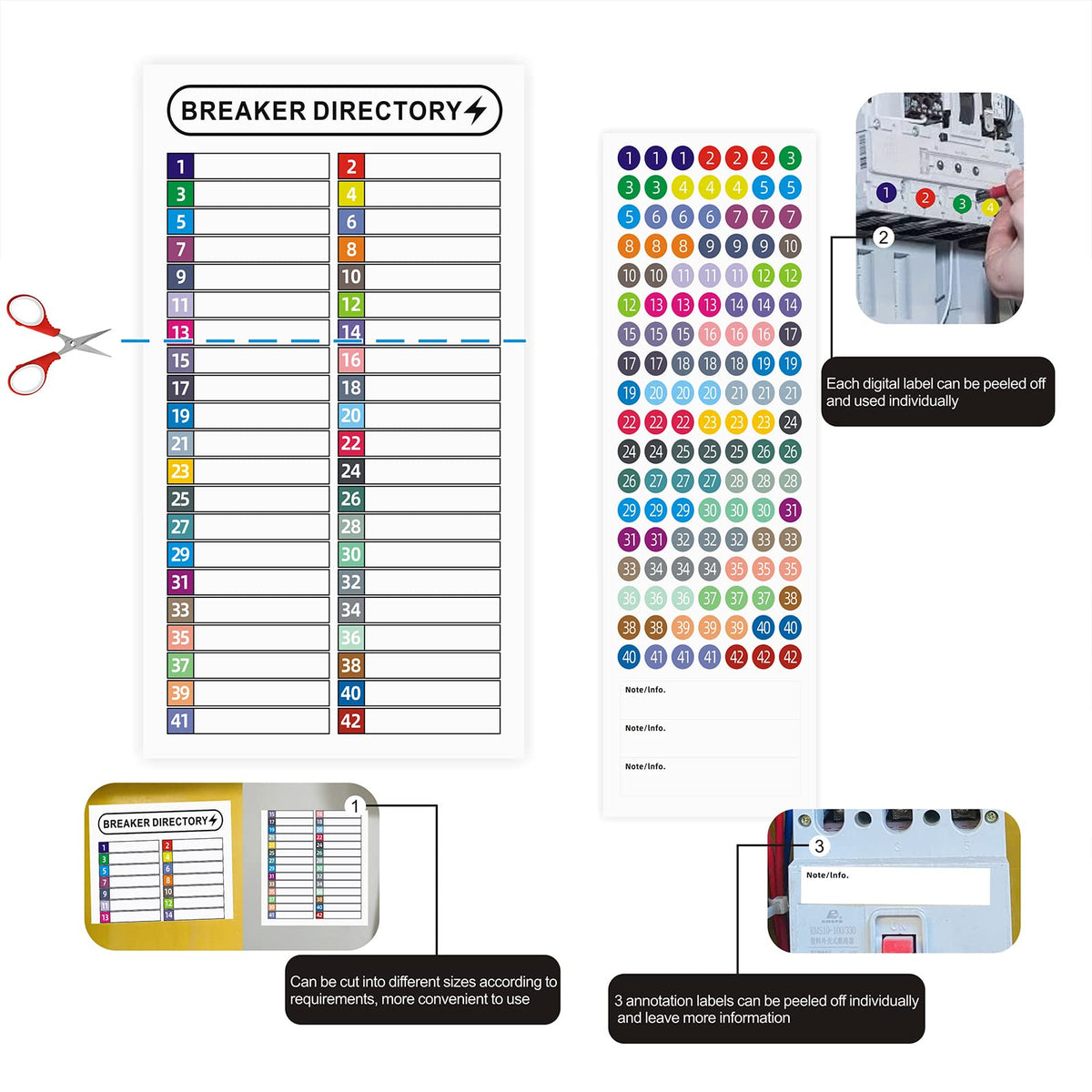 16 Sheets Breaker Panel Labels Electrical Box Sticker Numbers Breaker Panel Labels Electrical Sticker Number Catalog Load Center Adhesive Waterproof Reusable（Mix Colors）