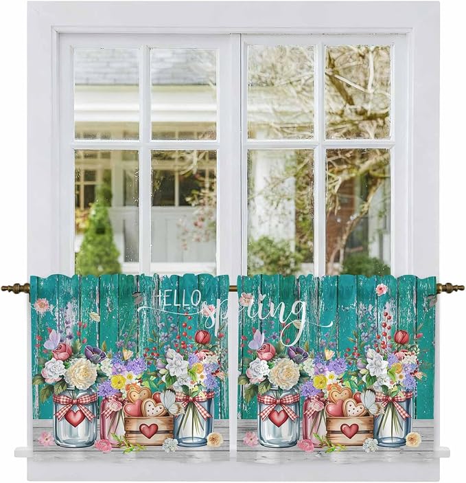 Spring Flowers Tier Curtains, Farmhouse Watercolor Teal Wood Grain Light