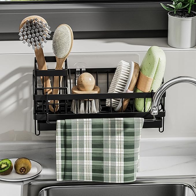 Sink Caddy kitchen Organzier with High Brush Holder, Wall-Mounted Sponge Holder for Sink, Countertop Organizer Soap Dispenser Storage, Rustproof 304 Stainless Steel Kitchen Essentials