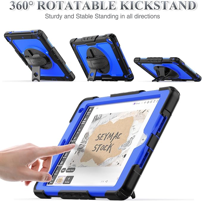 SEYMAC stock Case for iPad 6th / 5th Generation Case/Air 2 / Pro 9.7 inch Heavy Duty Protective with Screen Protector with Pencil Holder Hand Strap Shoulder Strap 360 Rotate Stand Black