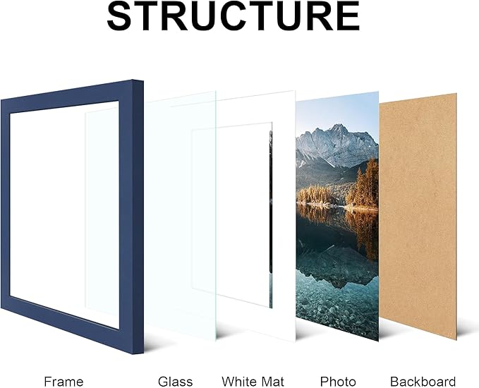 11x14 Picture Frame Set of 4, High Definition Real Glass, Display Pictures 8x10 with Mat or 11x14 Without Mat, Gallery Wall Hanging Photo Frames, Blue
