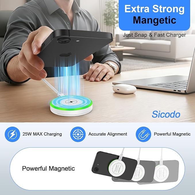 25W Magnetic Wireless Charger for Samsung Fast Charging Pad for Galaxy S26 | Wireless Charger Android with 30W USB C Power Adapter for S25 Plus/S24 FE/S23/S22/S21/Z Flip 7 Magsafe Charger for iPhone