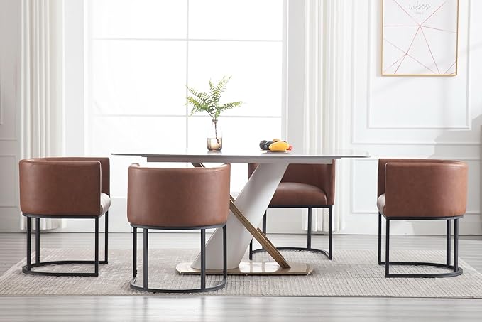 Faux Leather Dining Chairs Set of 2 Modern Barrel Arm Chairs with Black Metal Frame, Upholstered Kitchen Chairs 18.5" Wide Accent Chairs for Living Room Dining Room Restaurant, Brown